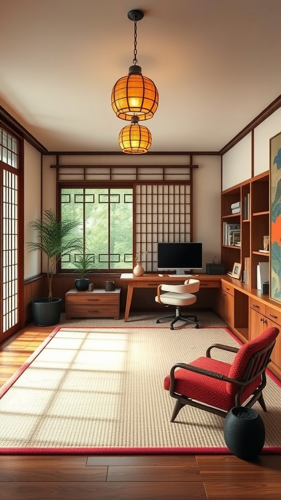 A serene home office designed in Japanese style with wooden elements, large windows, and a cozy atmosphere.