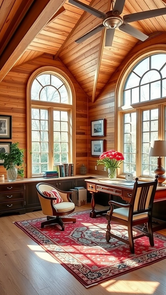 A cozy home office featuring wooden shingles, large windows, and classic furniture.