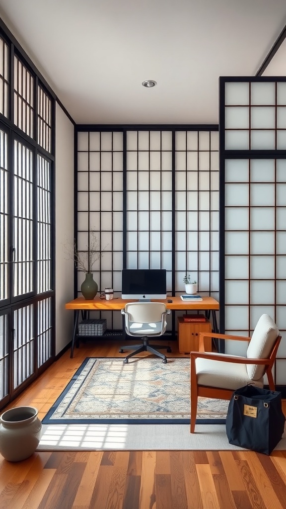 A modern home office featuring shoji screen dividers, showcasing a blend of traditional and modern Japanese architecture.