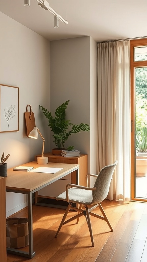 A minimalist home office featuring wooden furniture, a computer, and a plant, designed in Muji aesthetics.