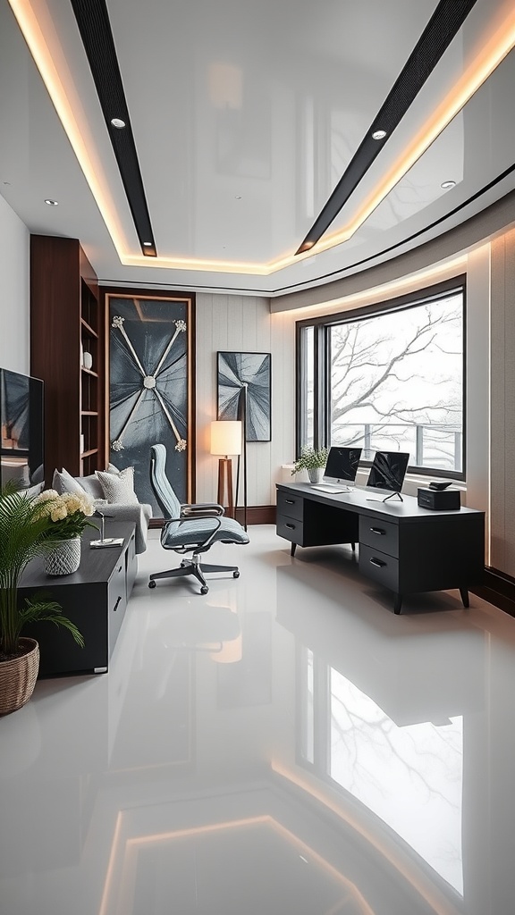 A sleek and modern home office with glossy white floors, large windows, and minimalistic furniture.