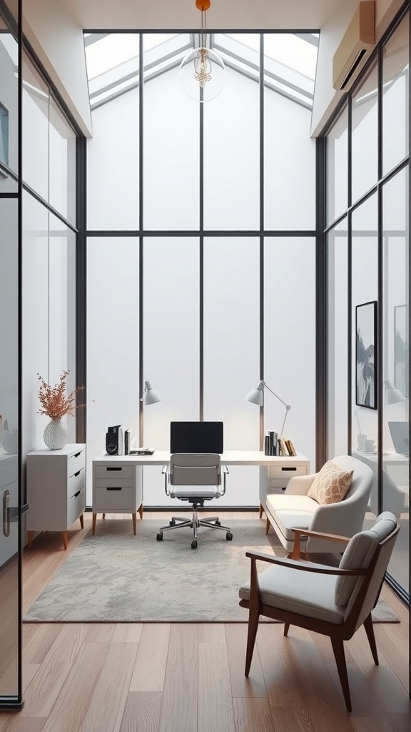 A modern home office with glass walls, minimalist furniture, and natural light.