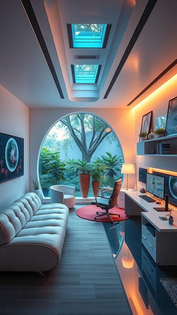 A modern home office with large circular windows, sleek furniture, and natural lighting.