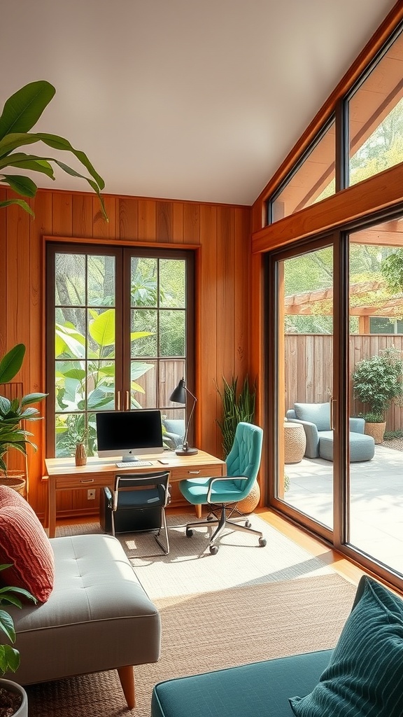 A bright home office with large windows, wooden walls, and a desk with a computer, showcasing sustainable architecture.