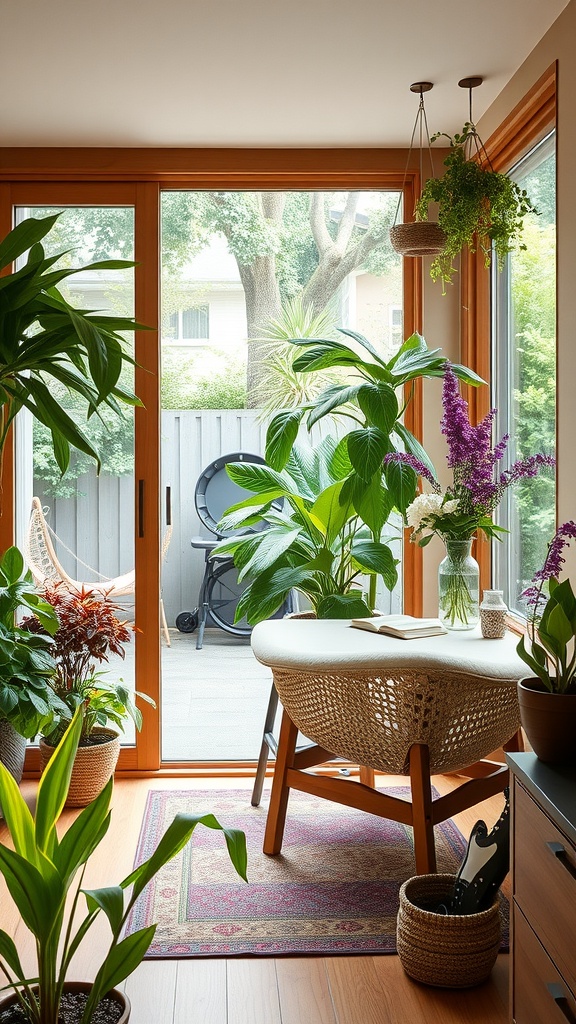A bright home office filled with plants and natural light, showcasing a sustainable design.