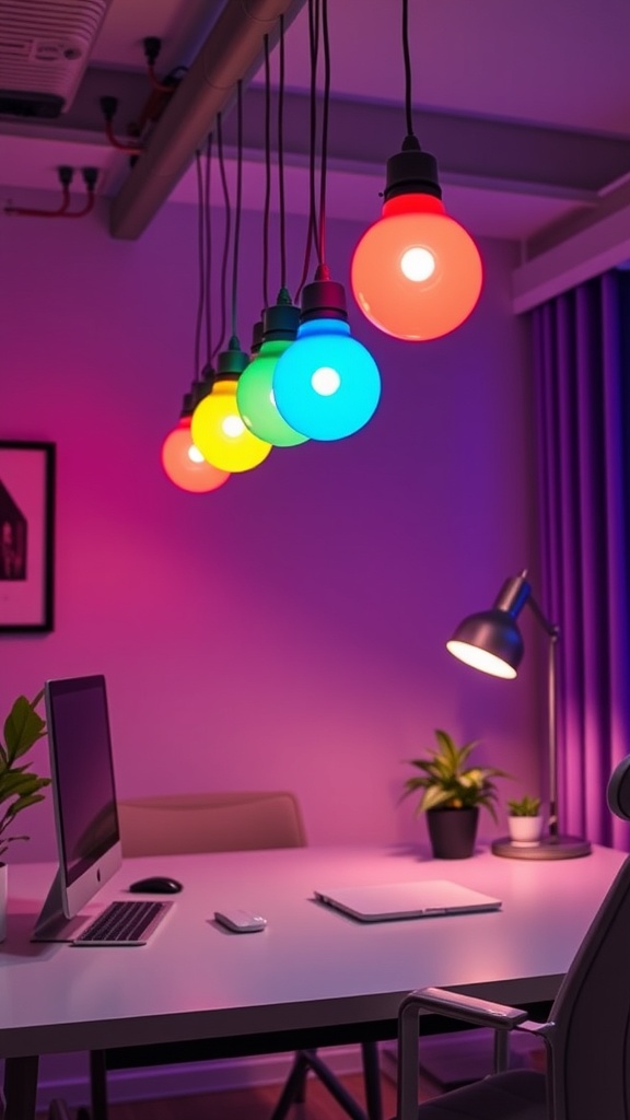 A modern home office with colorful LED lighting and a stylish ceiling fan.