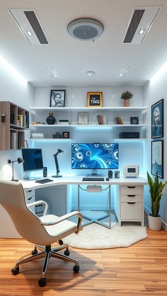 A modern home office with dual monitors, a red rug, wooden shelves, and plants.