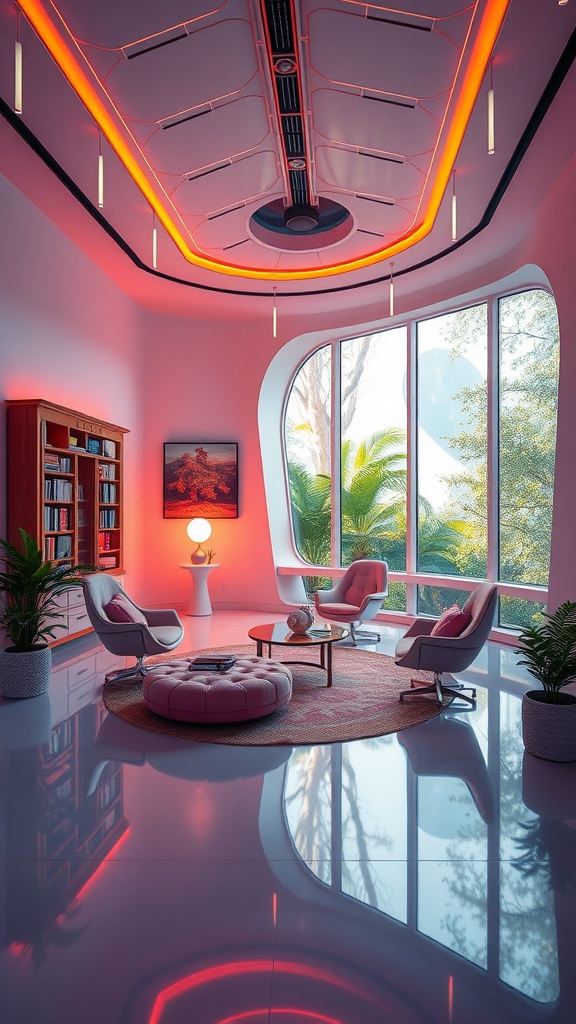 A modern home office featuring sleek furniture, vibrant lighting, and large windows with natural views.