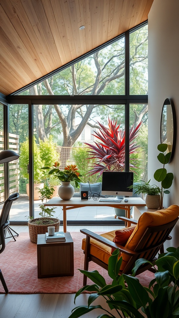 A bright home office with large windows, plants, and a modern desk setup.