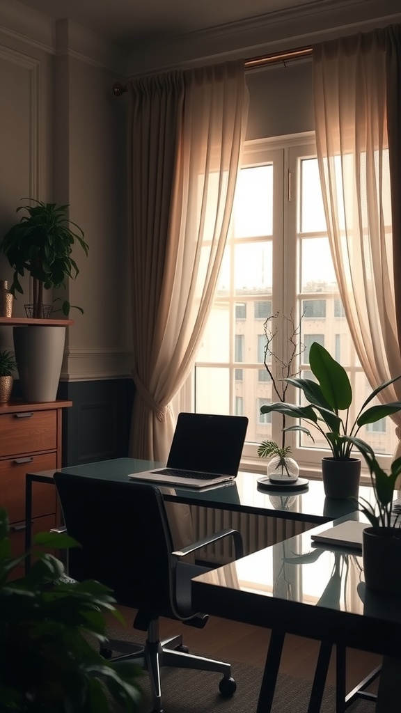 A cozy office space with soft drapes and plants, featuring a glass desk and a laptop.