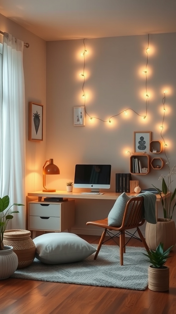 A cozy work from home office with soft lighting from fairy lights, a desk, and plants.
