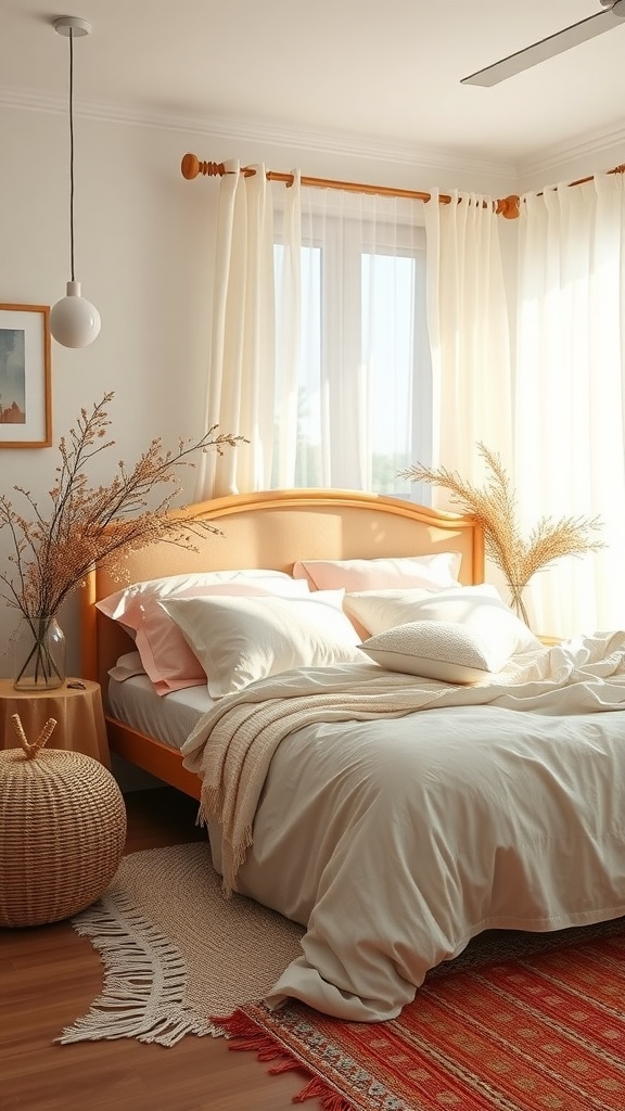 A cozy summer bedroom featuring soft linen bedding, warm wood tones, and natural decor elements.