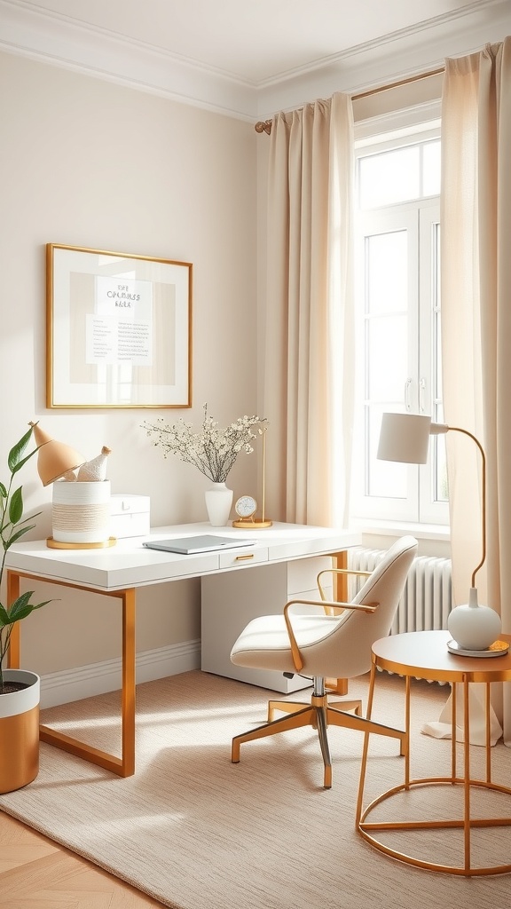 A stylish home office featuring soft neutral colors and gold accents, with a sleek desk, comfortable chair, and decorative elements.