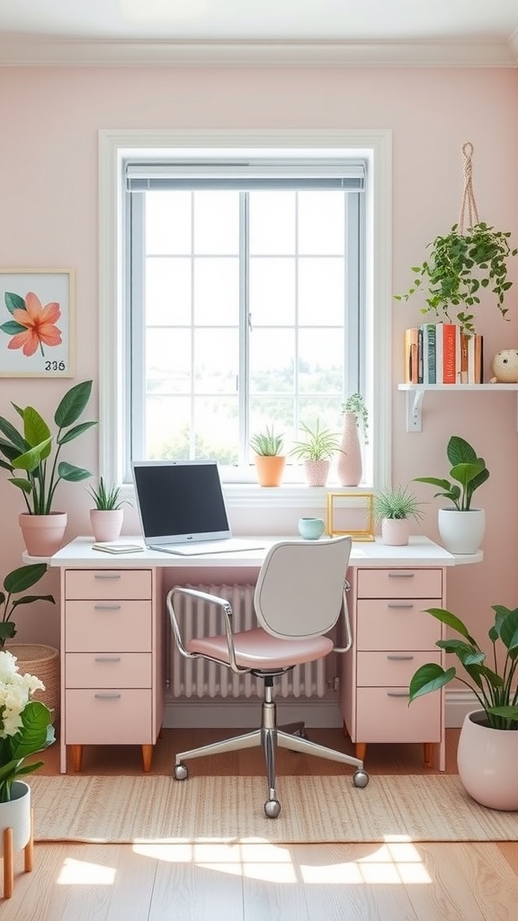 A soft pastel color palette office featuring a pink desk, laptop, plants, and a cozy atmosphere.