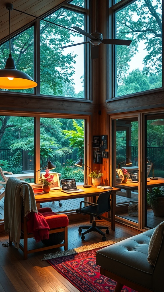 Cozy home office with large windows and solar-powered lighting