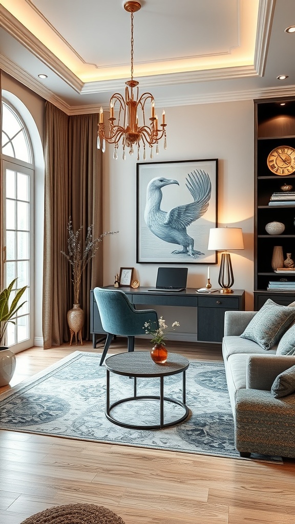 A stylish home office featuring a cozy seating area, a desk, and elegant decor.