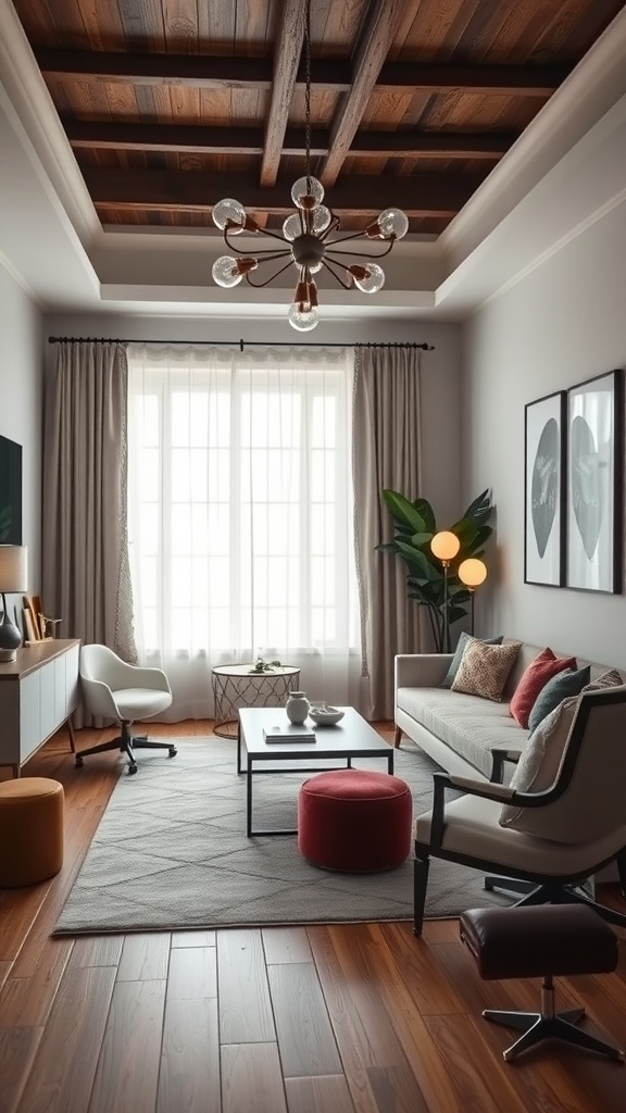 A stylish home office featuring a neutral color palette, wooden ceiling, and modern furnishings.