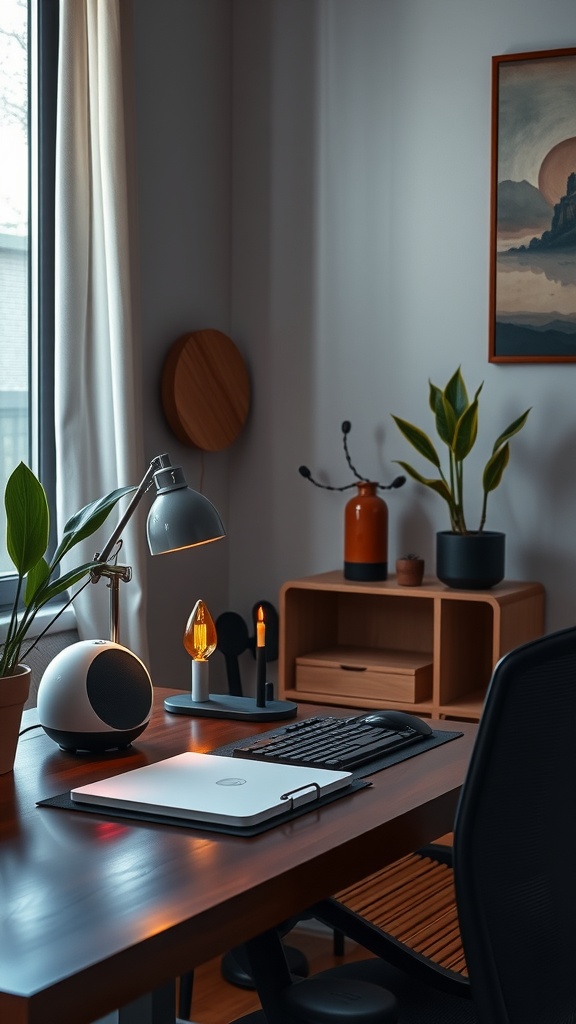 A cozy home office setup featuring a sound machine, plants, and warm lighting.