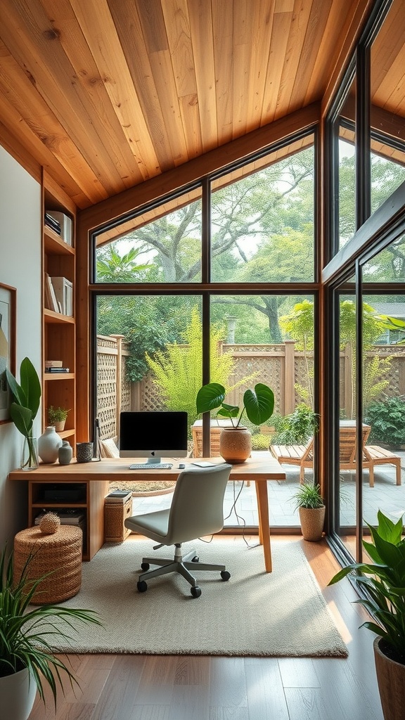 A bright home office with wooden ceiling, large windows, and plants, showcasing a sustainable design.