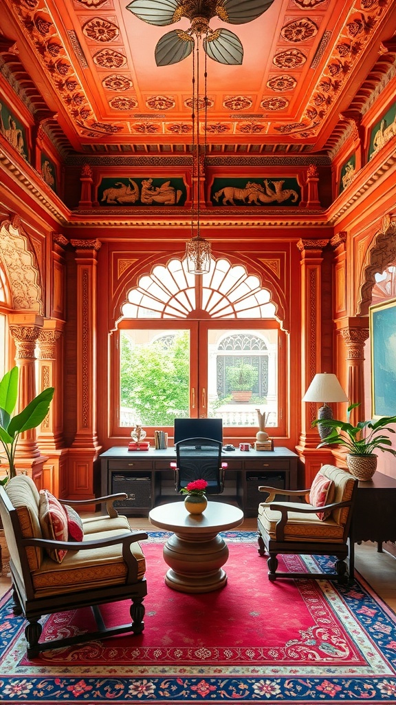 A beautifully designed home office inspired by South Indian temple aesthetics, featuring intricate carvings, vibrant colors, and comfortable furniture.