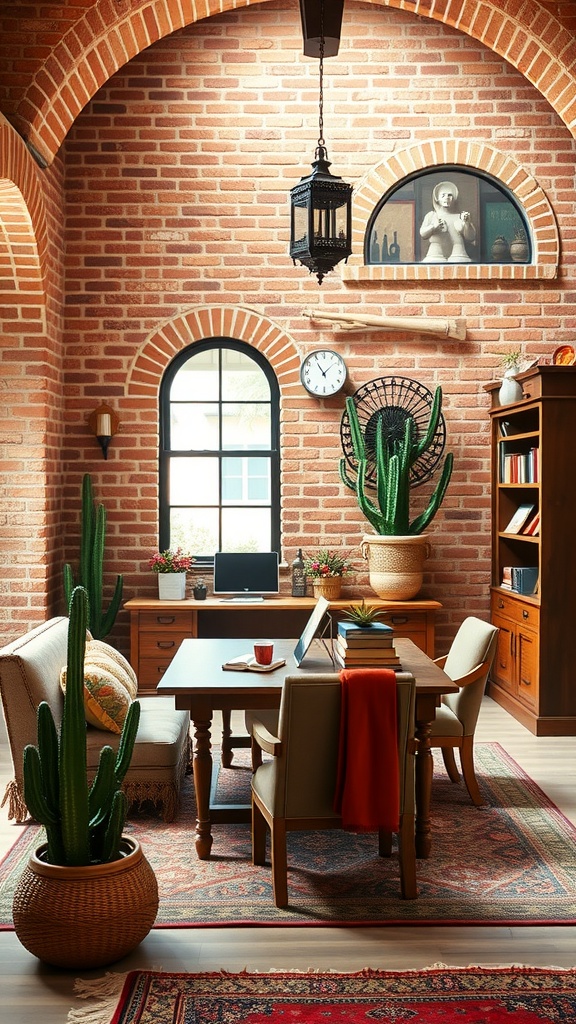 A rustic office space featuring Southwestern brick architecture with a cozy desk, plants, and warm lighting.