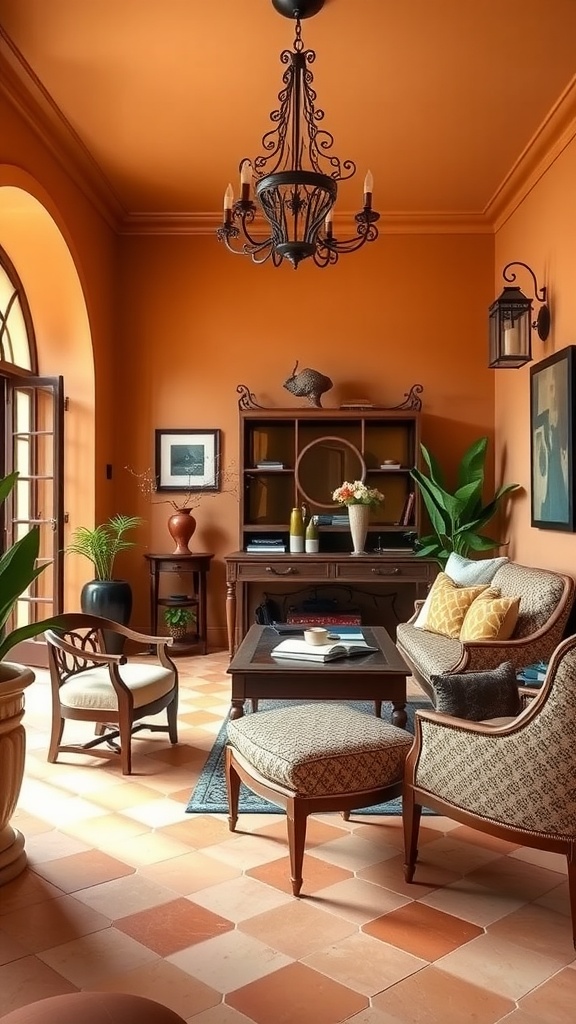 A cozy home office with warm orange walls, traditional wooden furniture, and a chandelier, reflecting Spanish Revival architecture.