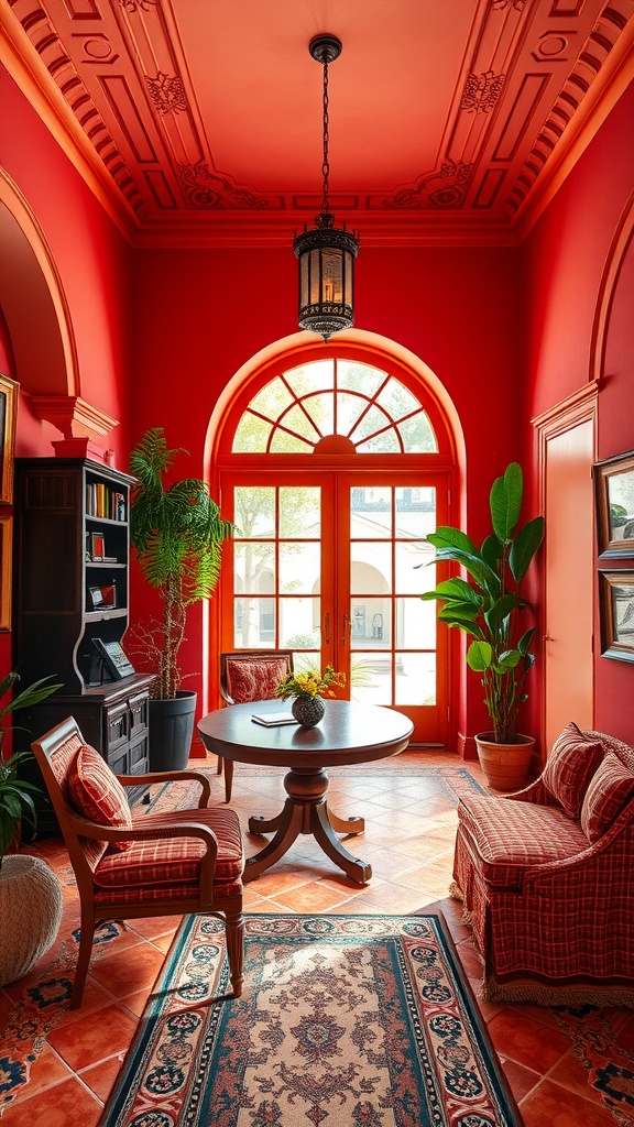 A cozy home office with red walls, arched windows, and elegant furniture
