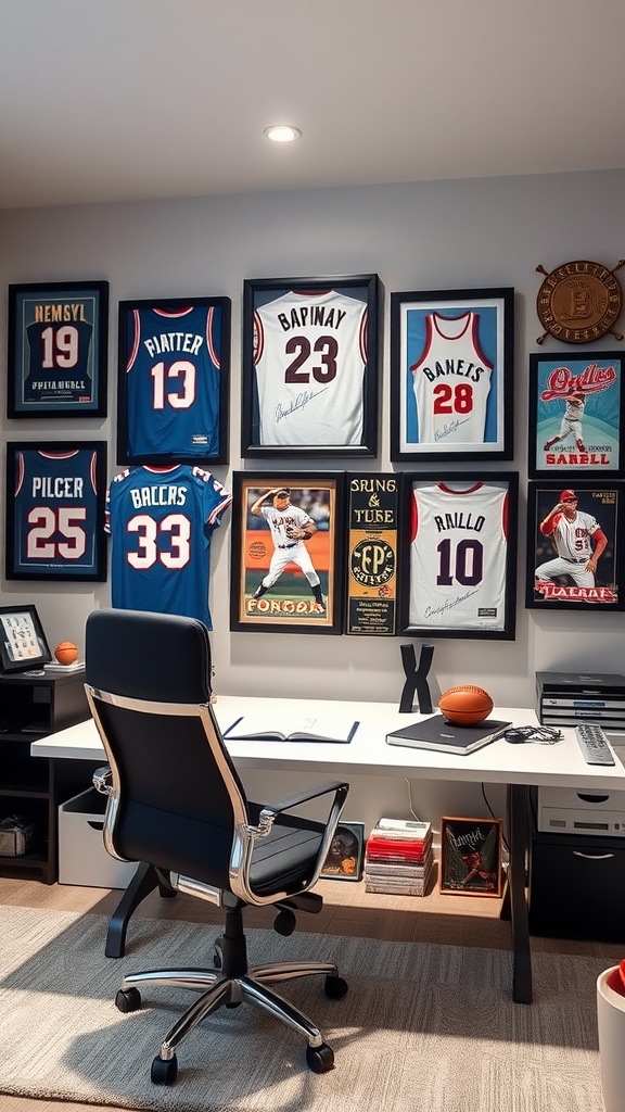A stylish home office featuring framed sports jerseys and memorabilia on the wall, with a modern desk and chair.
