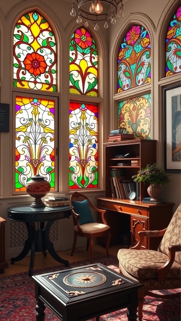 A cozy home office featuring stained glass windows with floral designs, a wooden desk, and vintage furniture.
