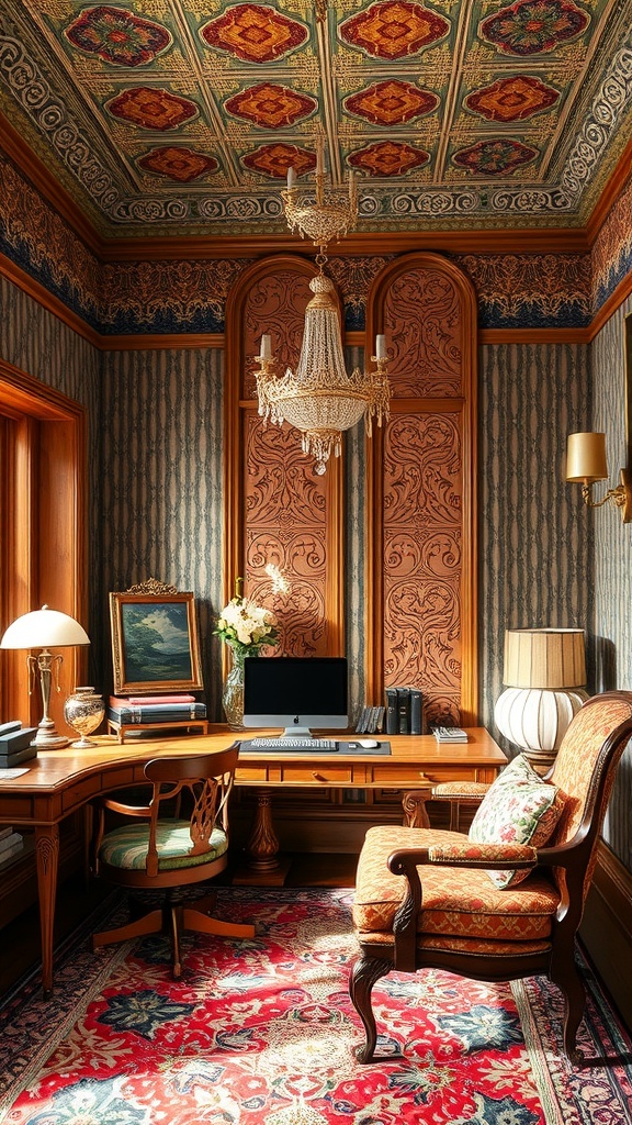 A beautifully designed home office featuring art nouveau architecture with intricate ceiling patterns, elegant furniture, and decorative accents.