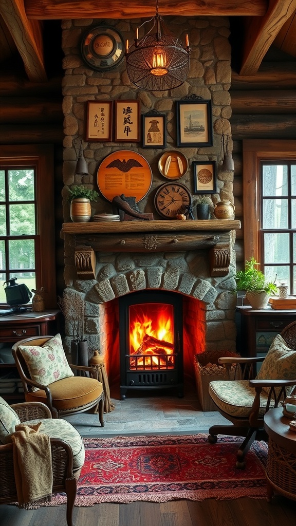 A cozy stone hearth with a fire, surrounded by vintage decor in a rustic cabin home office.