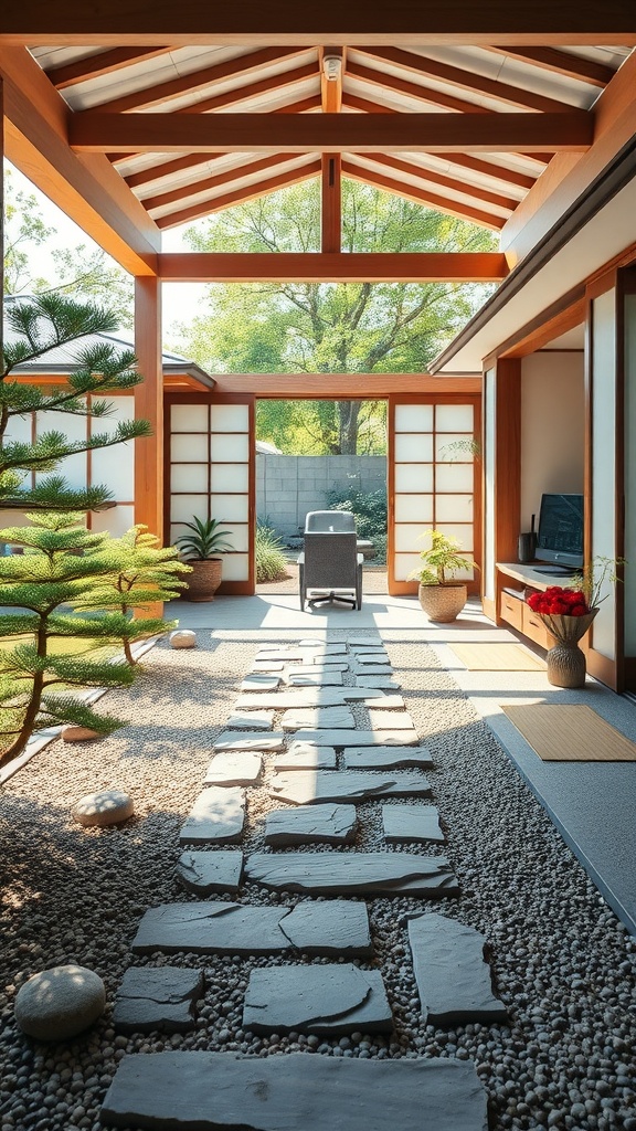 A serene stone pathway leading through a Japanese-style home office, surrounded by greenery and natural materials.