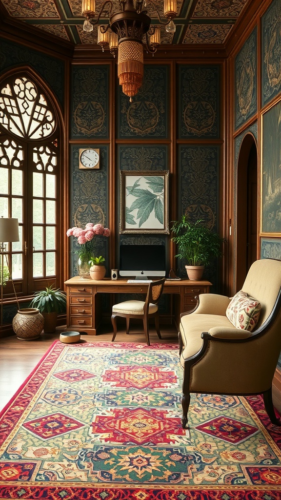 A stylish area rug in an art nouveau home office, featuring vibrant colors and intricate patterns.