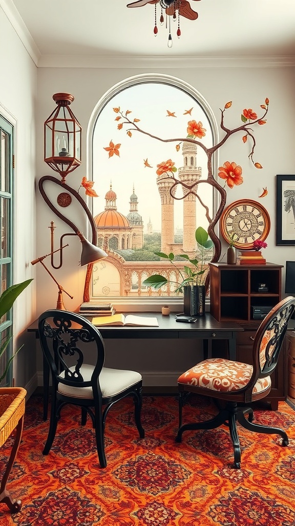 Stylish home office with an art nouveau desk, decorative elements, and a beautiful view.