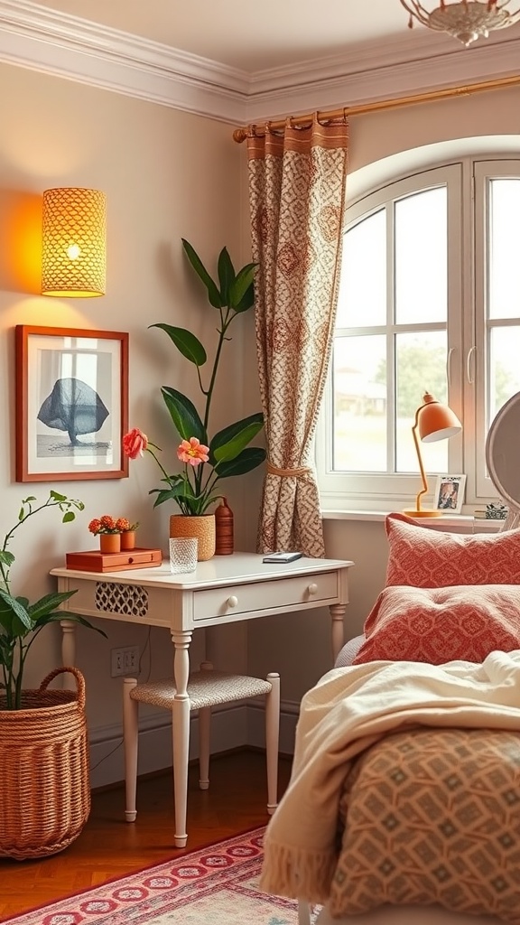 A stylish white desk in a cozy summer bedroom with plants and warm lighting.