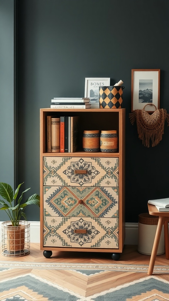 A stylish file cabinet with intricate patterns, displaying books and decorative items, set against a dark wall in a boho office.