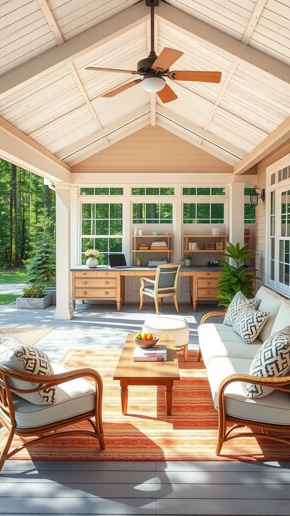 Stylish outdoor lounge with a desk, comfortable seating, and large windows