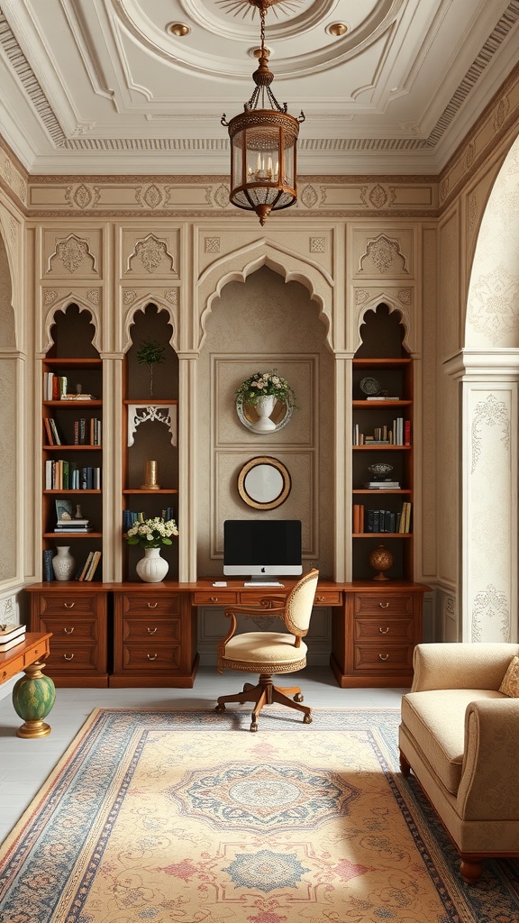 A stylish home office featuring Mughal architecture with wall niches, elegant decor, and a warm color palette.