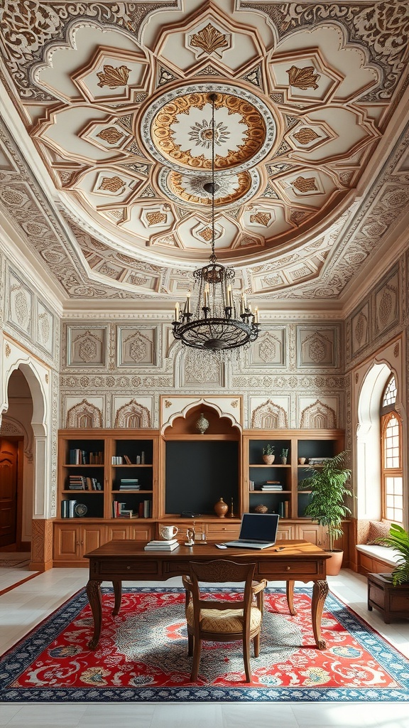 Stylized ceiling design in a home office showcasing Mughal architecture motifs.