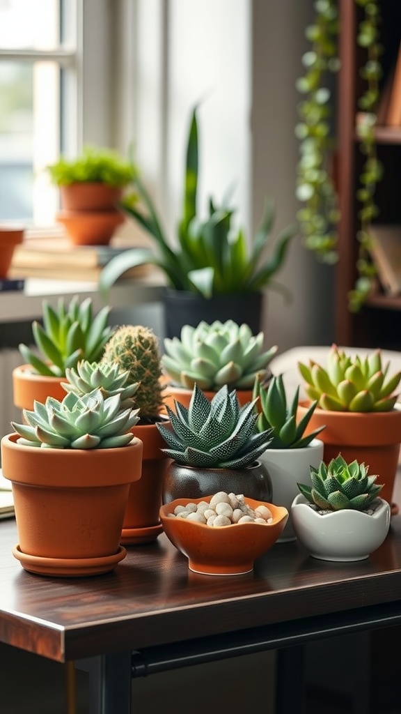 An arrangement of various succulent plants in terracotta pots on a wooden table, surrounded by decor in a boho office setting.