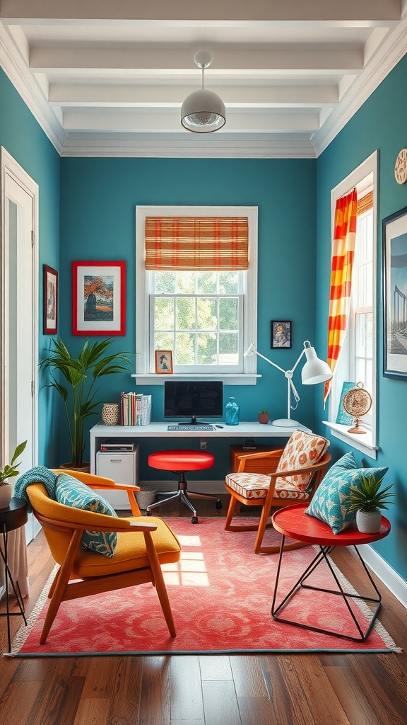 A bright home office with turquoise walls, colorful furniture, and summer decor.