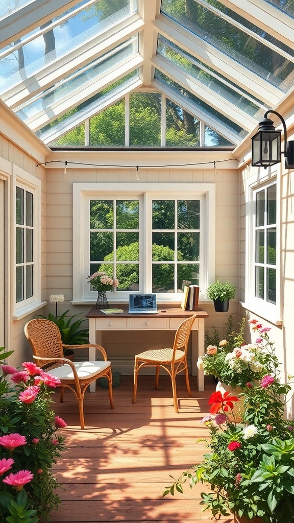 A sunny courtyard office with a glass roof, surrounded by flowers and featuring a desk with a laptop.