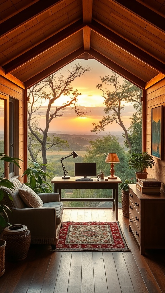 Cozy home office with a sunset view in a summer house