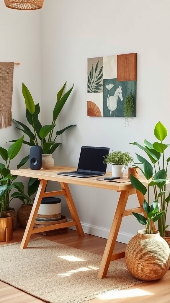 A sustainable bamboo desk surrounded by various indoor plants, creating a cozy boho office atmosphere.
