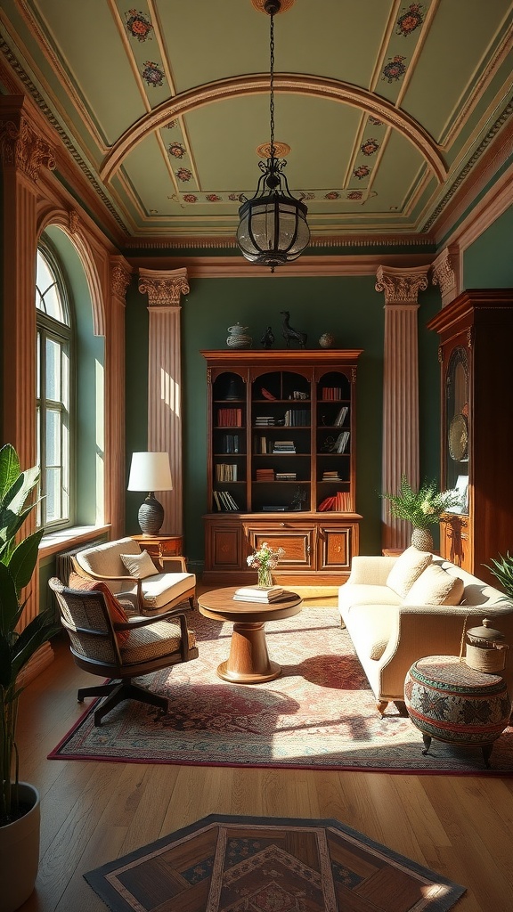 A beautifully designed home office featuring classical architecture with elegant details, natural light, and plants.