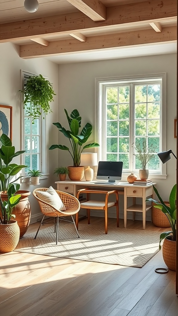 A bright home office with a desk, plants, and natural light.