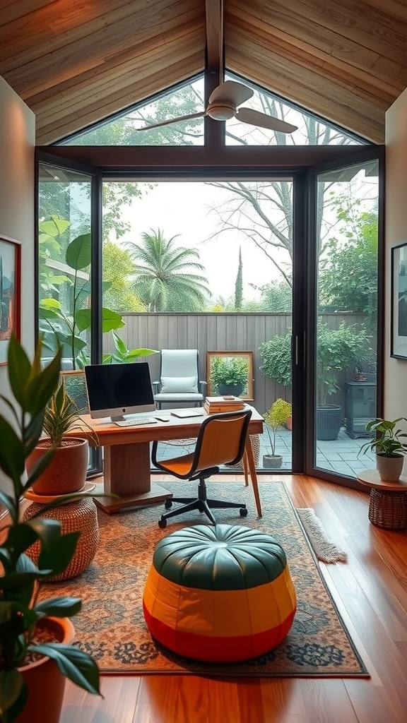 A bright home office with a wooden desk, colorful pouf, and plants, showcasing sustainable decor elements.