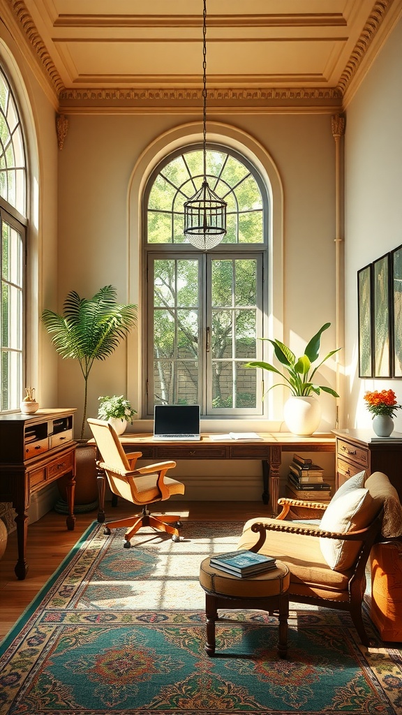 A bright and inviting home office featuring large windows, plants, and classic furniture.