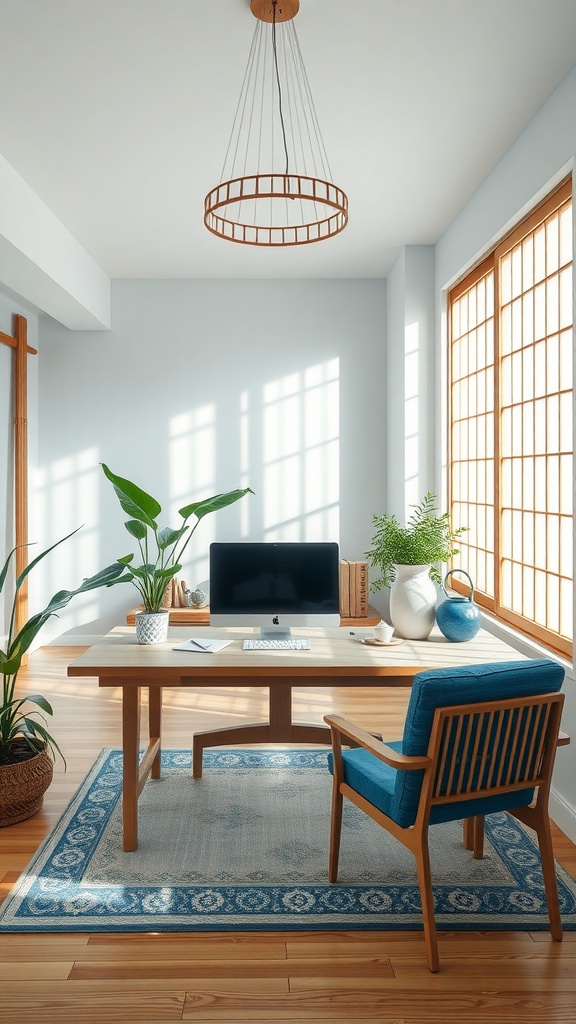 A serene home office featuring natural wood elements, plants, and ample natural light, inspired by Japanese architecture.