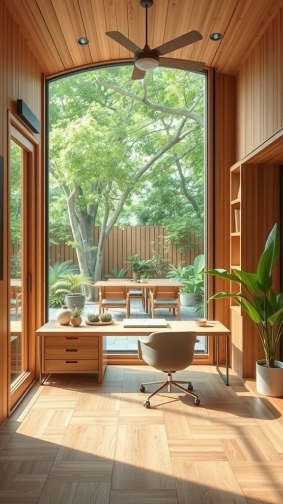 A bright home office with natural wood flooring, large windows, and a view of greenery outside.